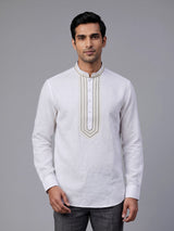 White botanical embroidered kurta for men
