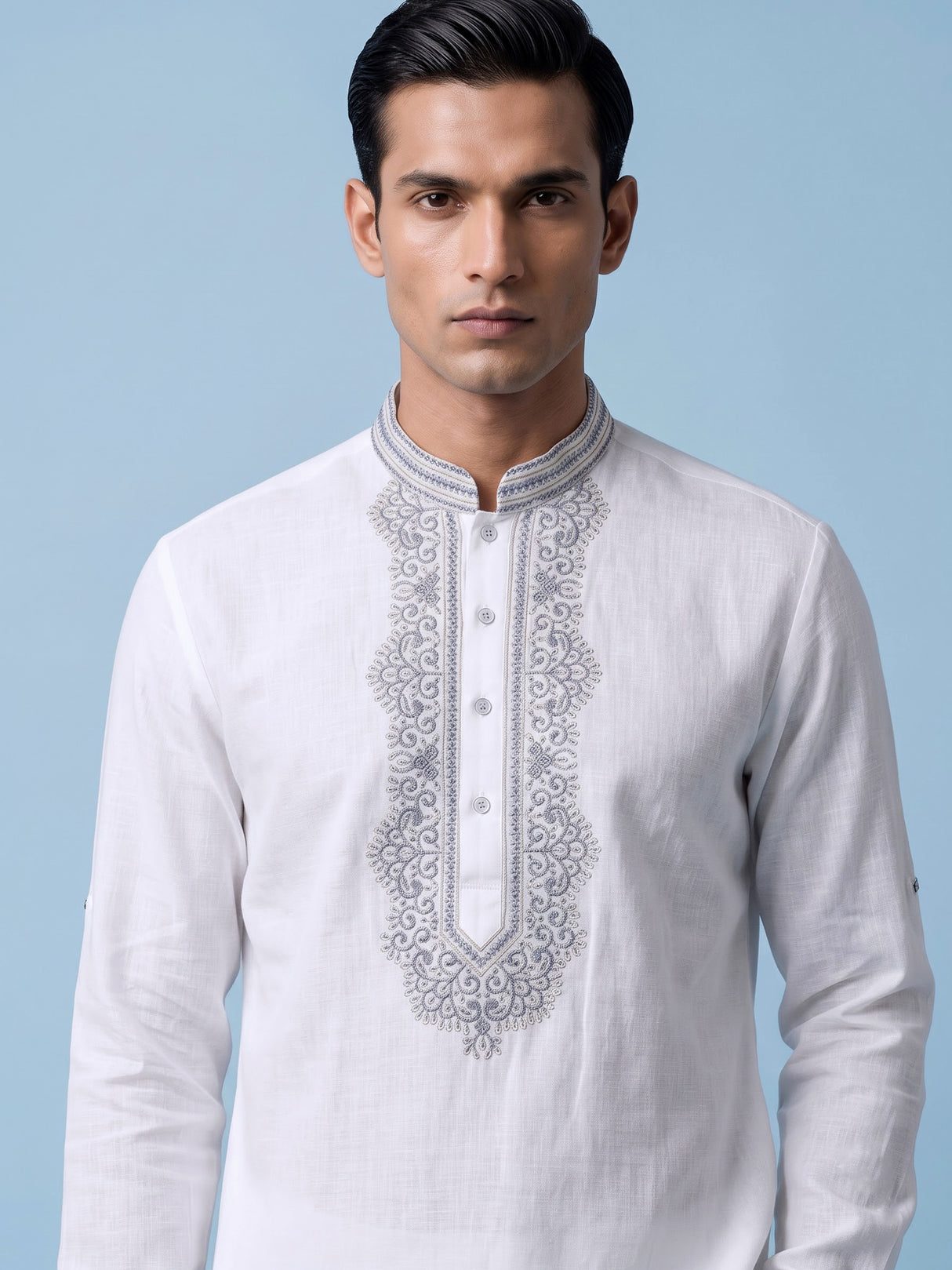 White threadwork short kurta for men