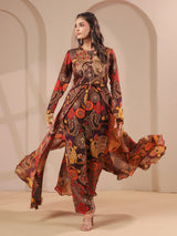 Brown printed embellished top with straight pants salwar set