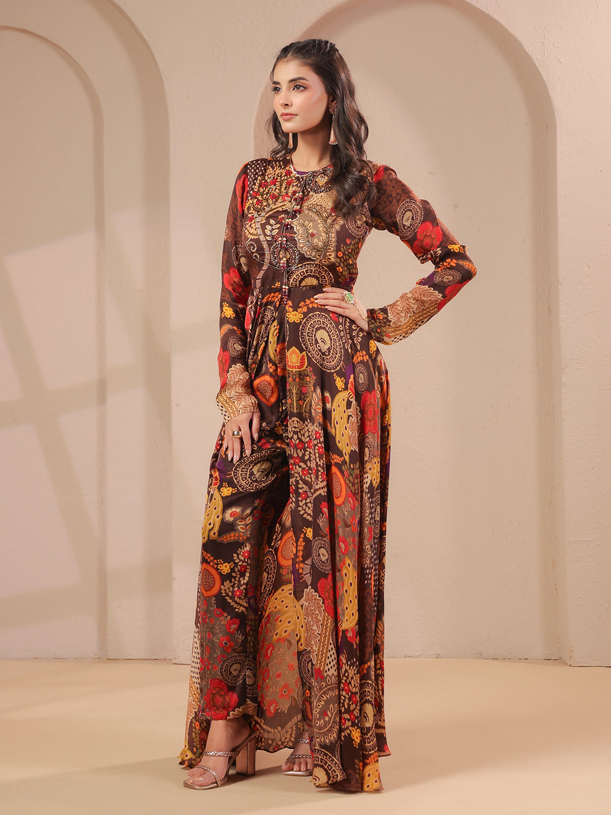 Brown printed embellished top with straight pants salwar set