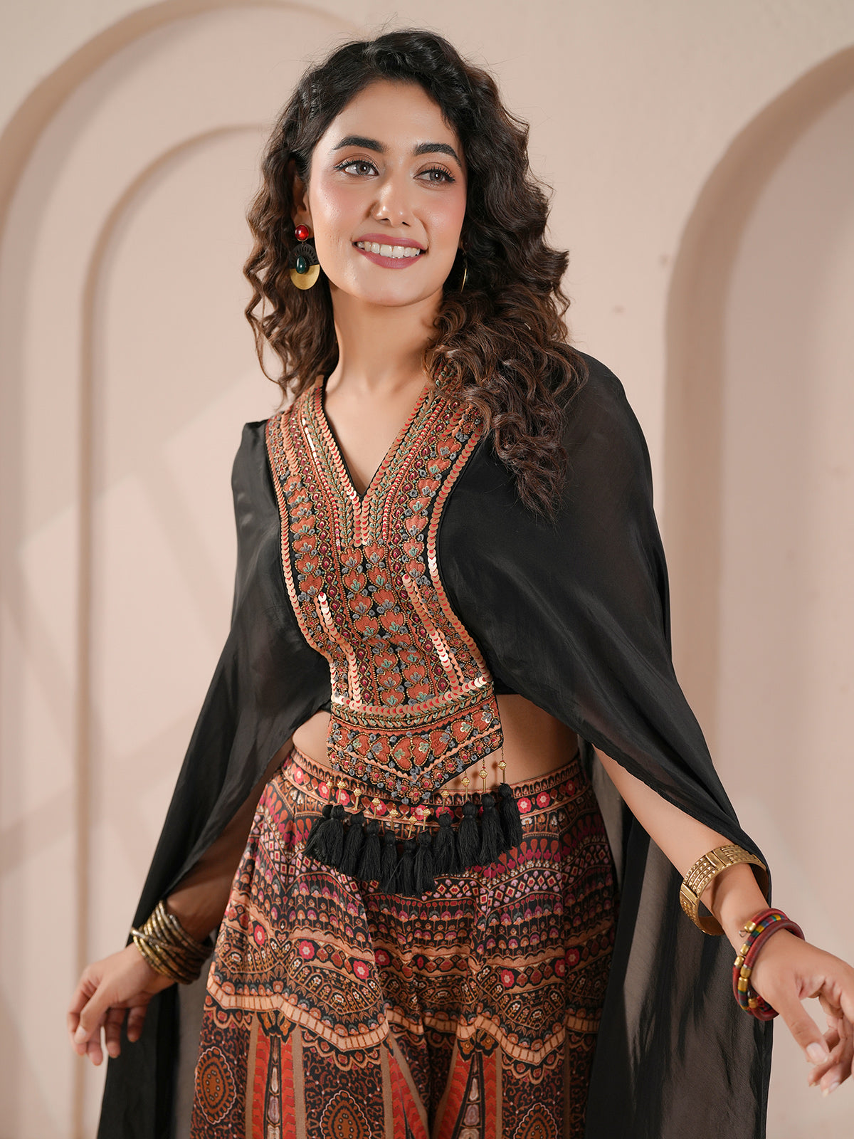 Black embellished flared outfit with sheer organza cape palazzo suit