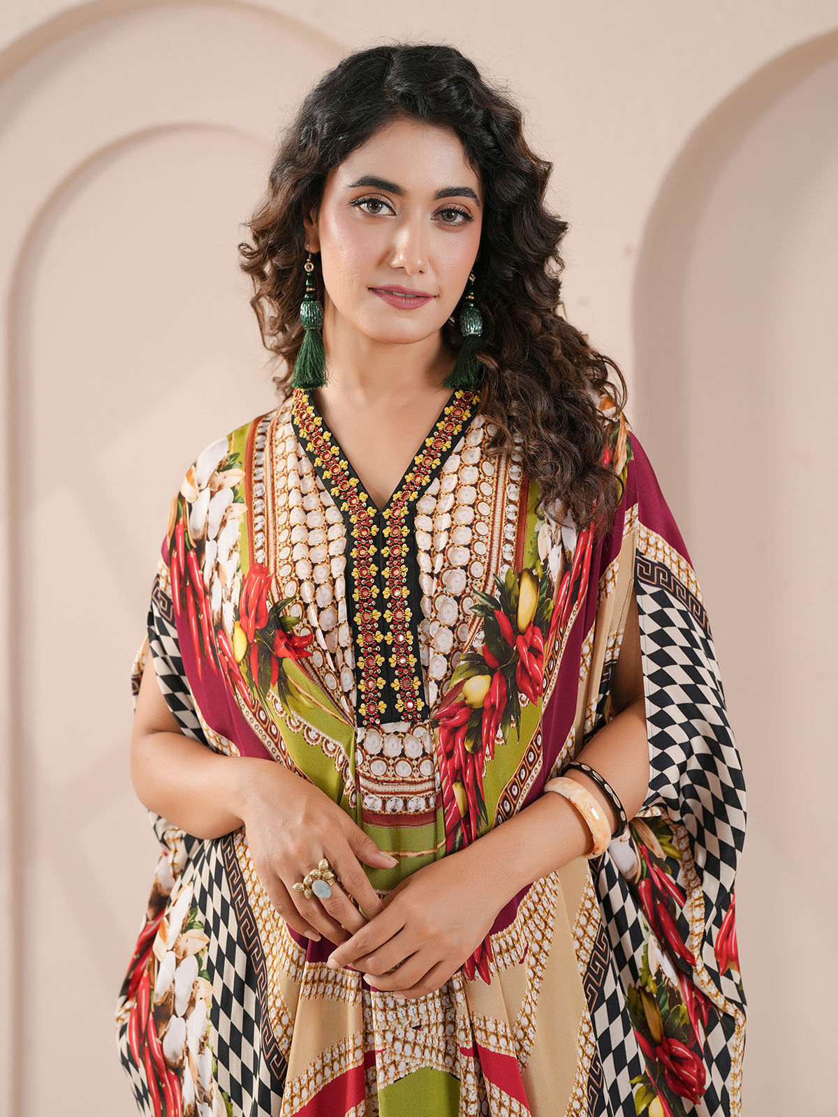 Beige designer drape kaftan with indowestern suit
