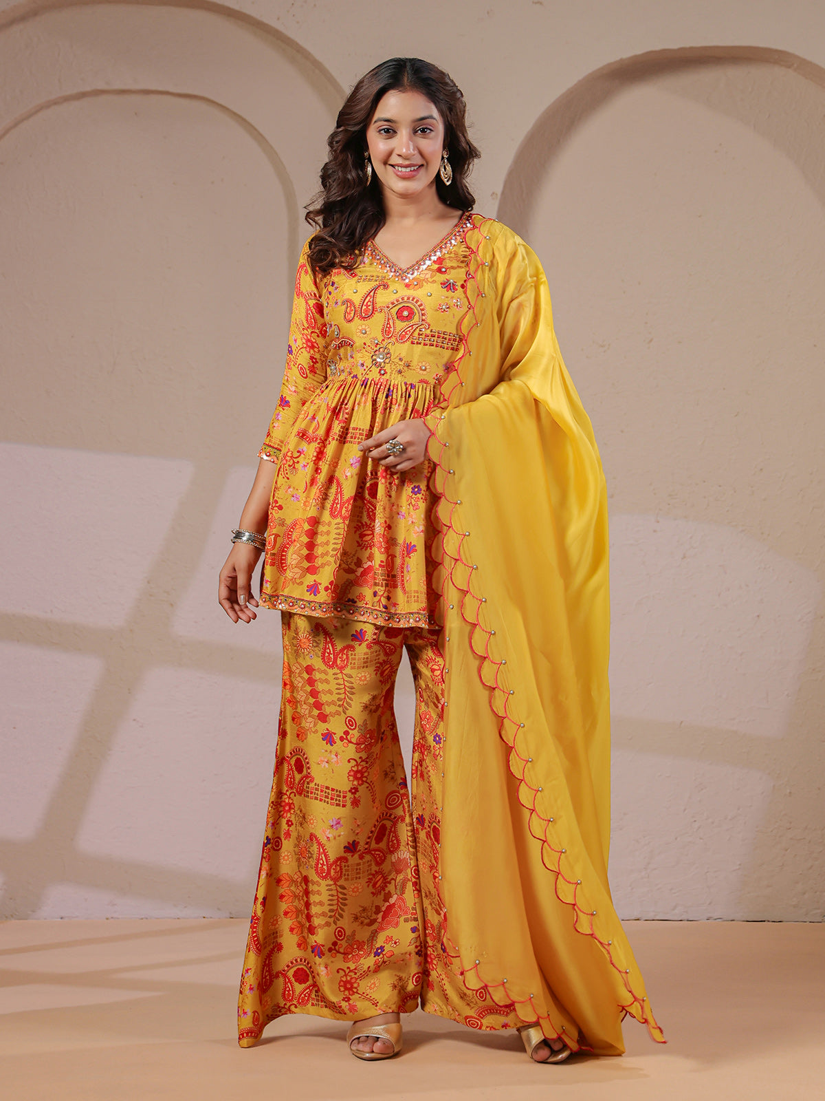 Mustard yellow peplum kurti palazzo with scalloped dupatta set