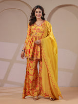 Mustard yellow peplum kurti palazzo with scalloped dupatta set