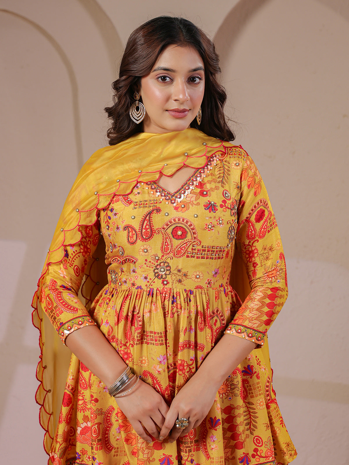Mustard yellow peplum kurti palazzo with scalloped dupatta set