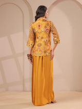 Mustard yellow embellished jacket bustier drape indowestern suit
