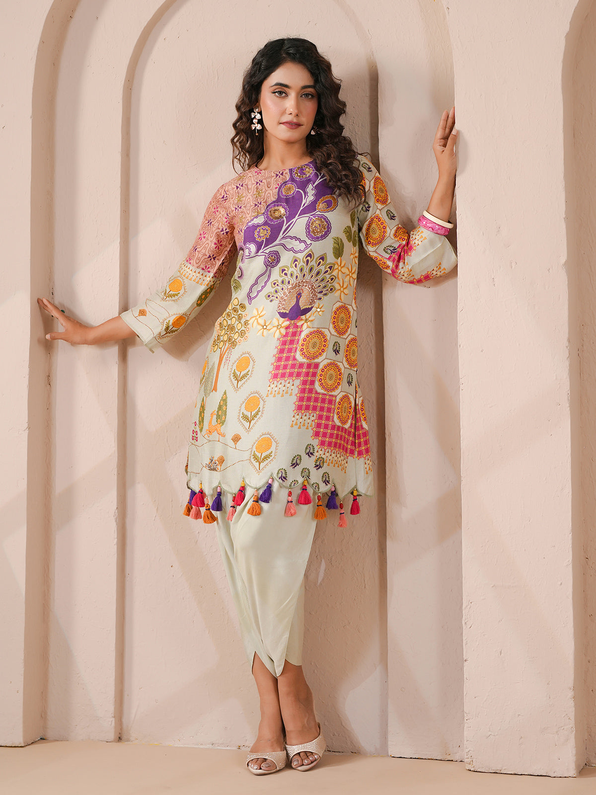 Pista green scalloped hem embellished kurta with dhoti suit