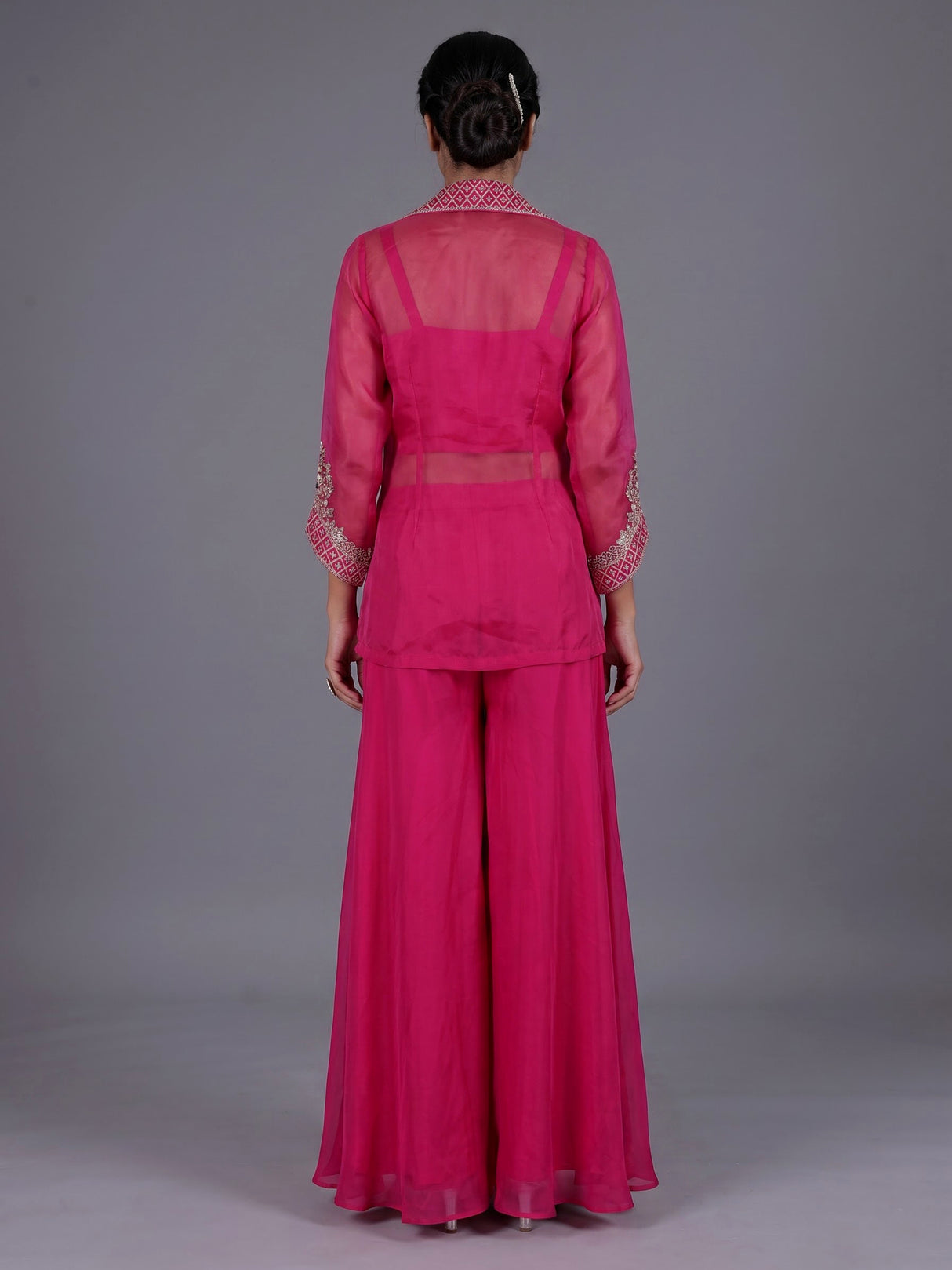 Rani pink tissue silk palazzo suit with collar neckline