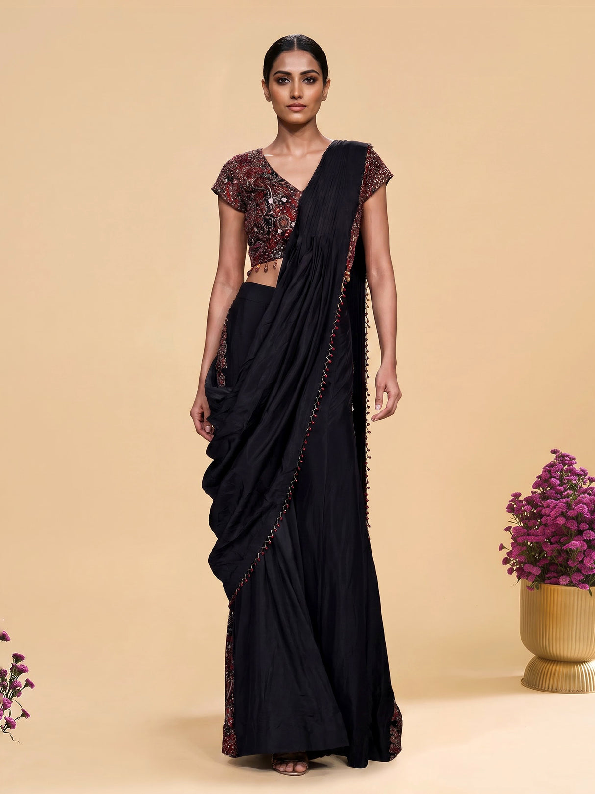 Black kalamkari drape palazzo suit for women