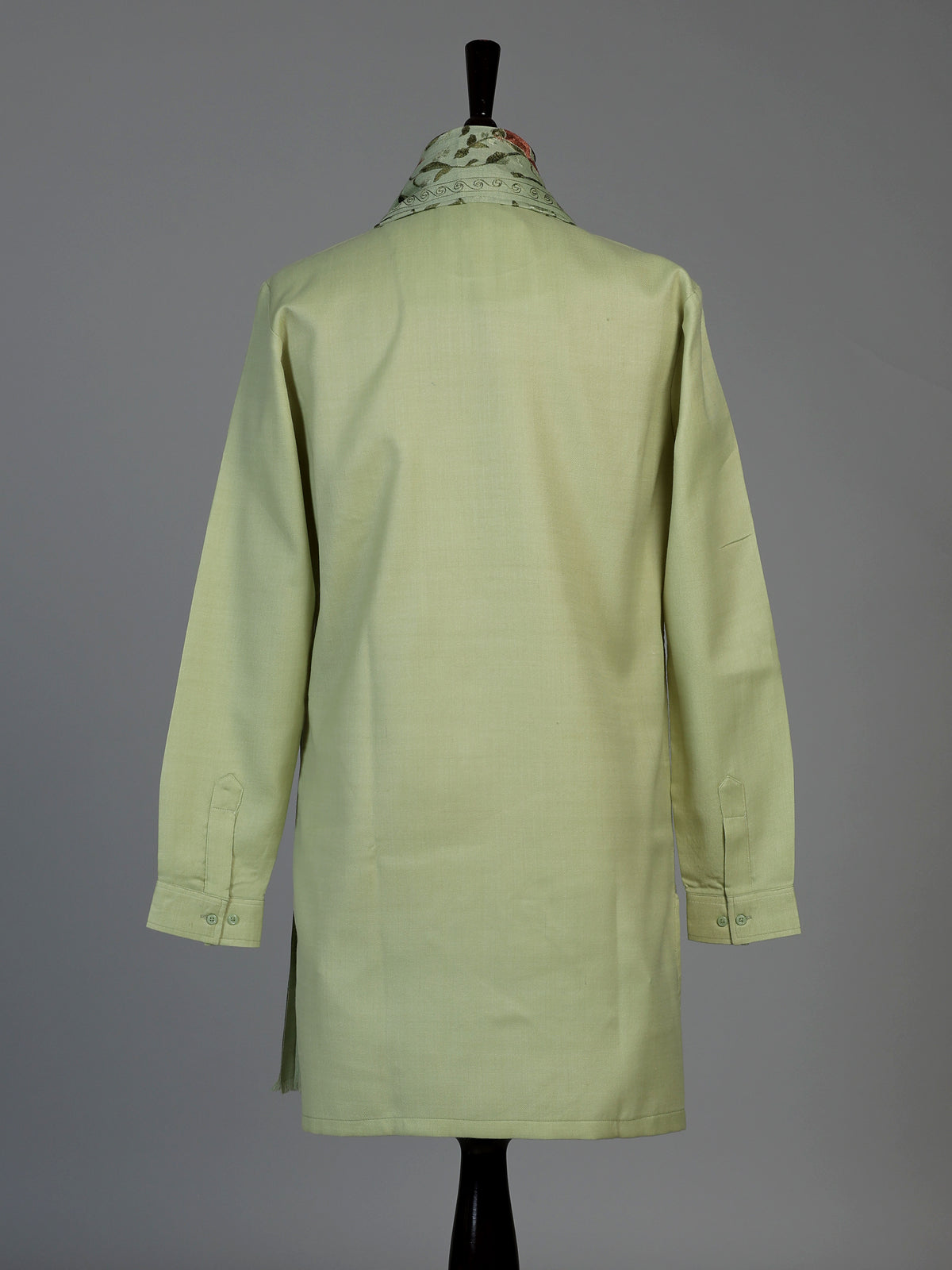Pista green linen silk mens kurta suit with artistic bird motif
