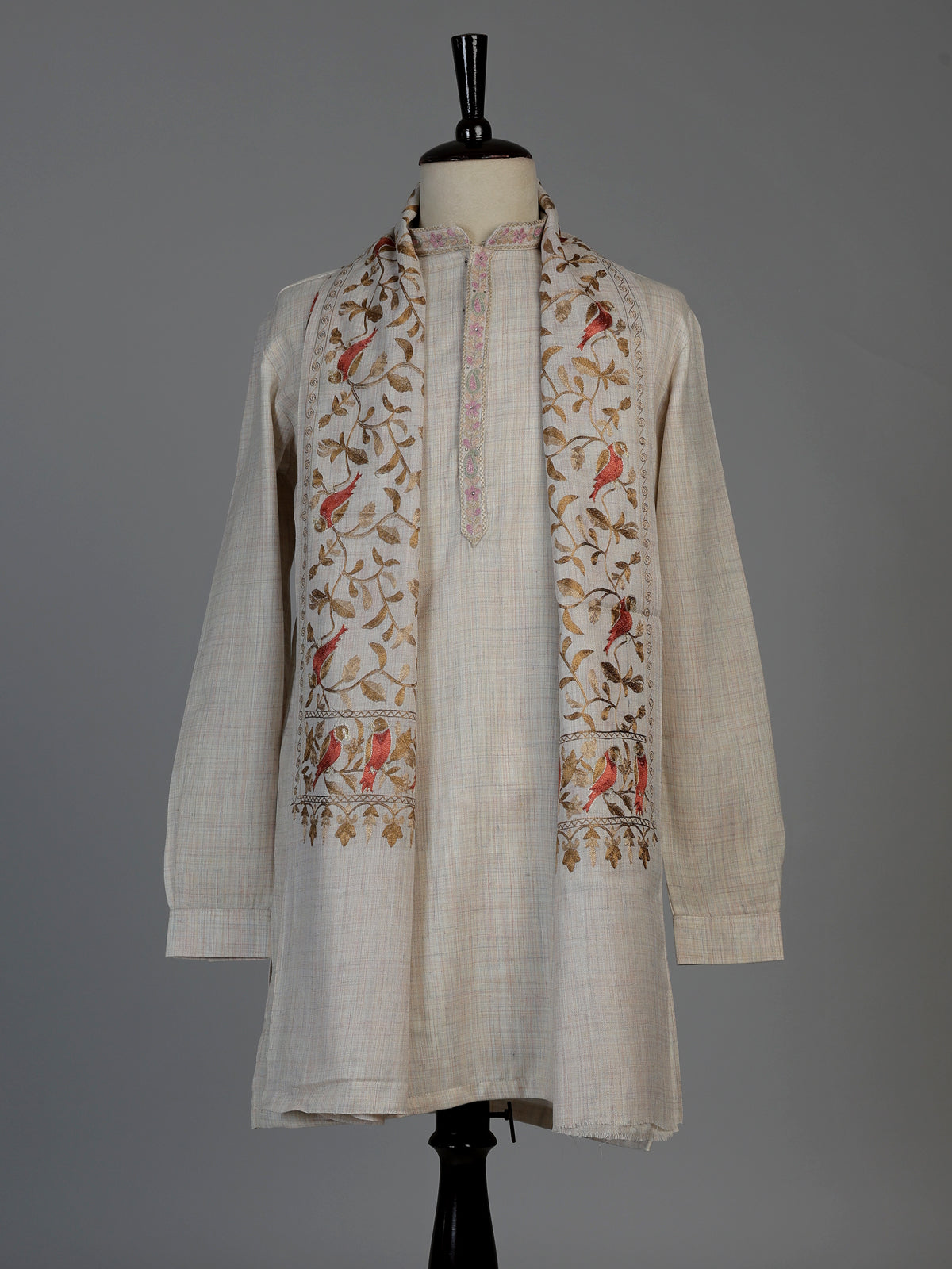 Beige linen silk mens kurta suit with neck stonework and bird motif
