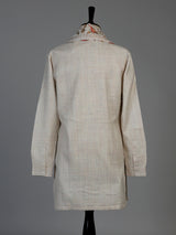 Beige linen silk mens kurta suit with neck stonework and bird motif