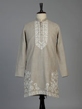 Beige linen silk mens kurta suit with sophisticated embroidery