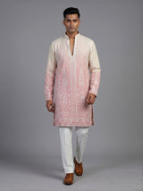 Cream pink silk mens kurta suit with shaded festive elegance