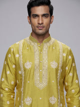 Mehendi green raw silk mens kurta suit with elegant butti work