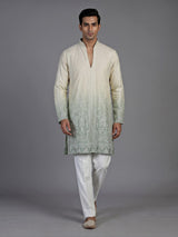 Cream green silk mens kurta suit with graceful shaded detailing
