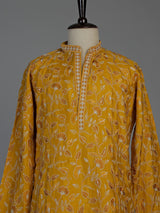 Mustard yellow silk mens kurta suit with sparkling aabla embellishments