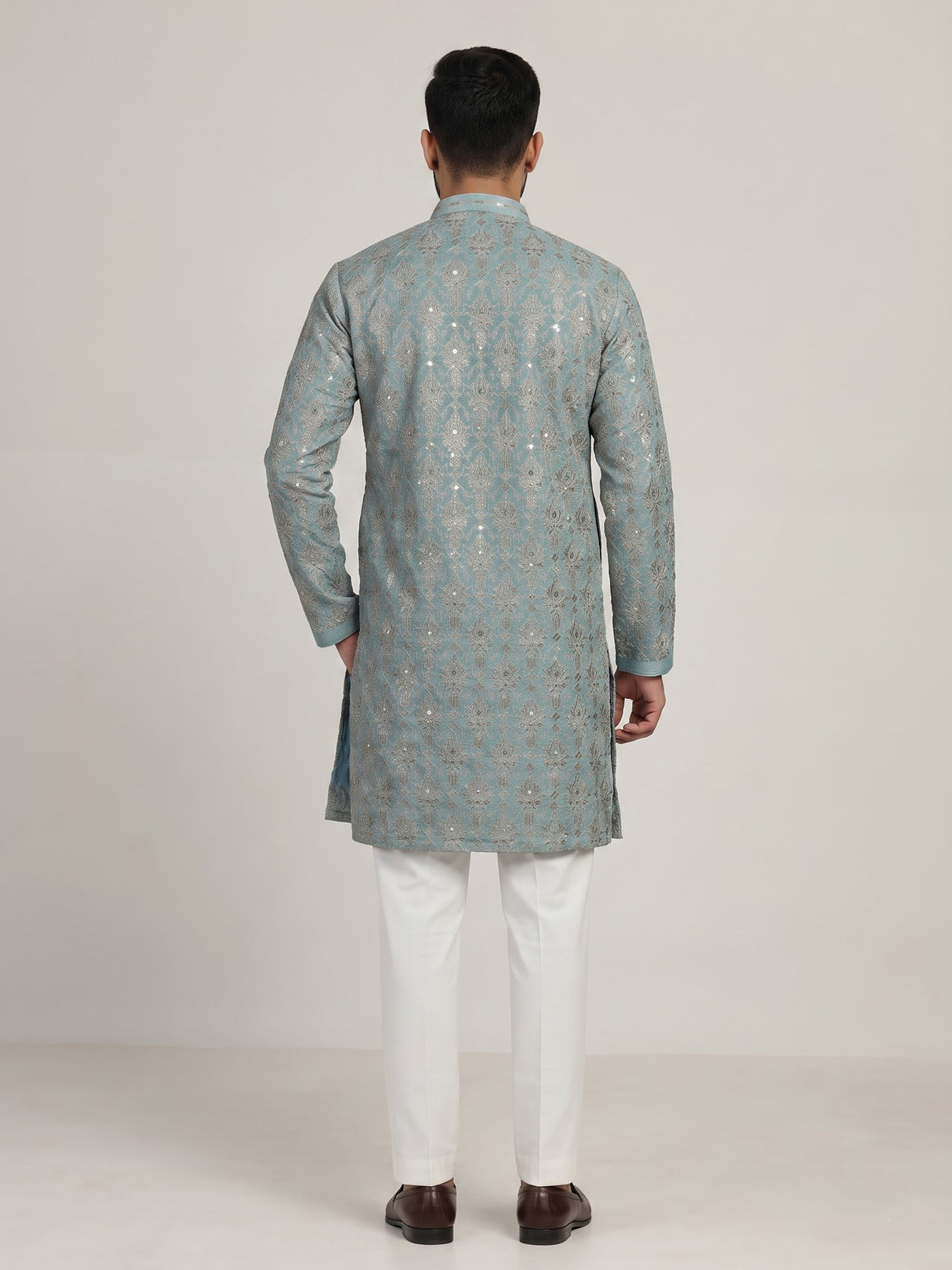 Sky blue silk mens kurta suit with elegant sequined aabla work