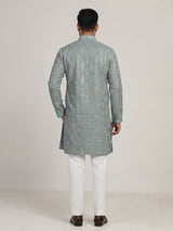 Sky blue silk mens kurta suit with elegant sequined aabla work