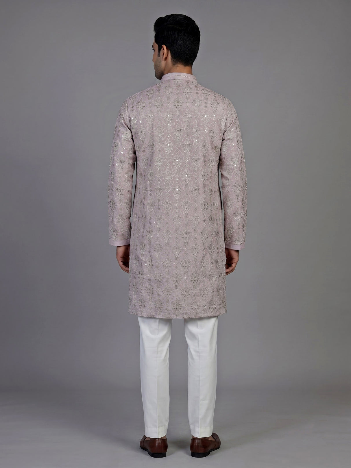 Lilac purple silk mens kurta suit with intricate aabla embellishments