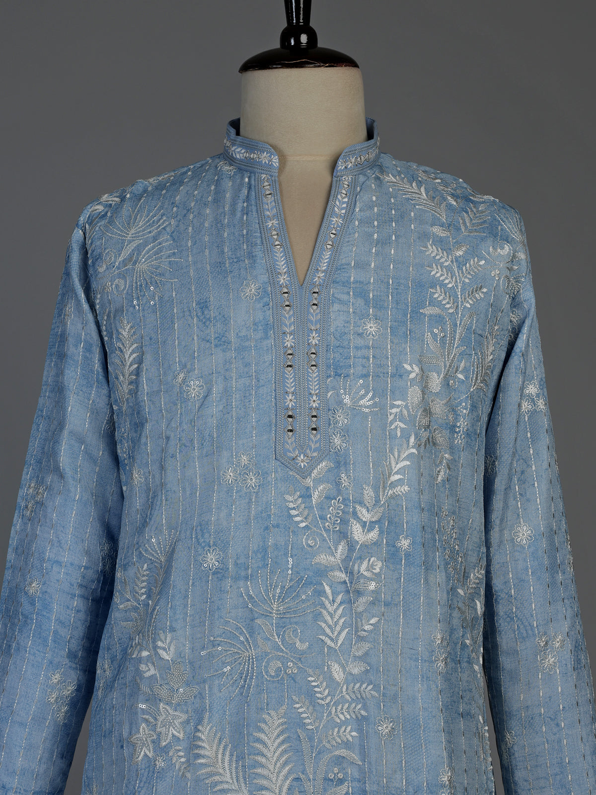 Sky blue silk mens kurta suit with shimmering aabla embellishments