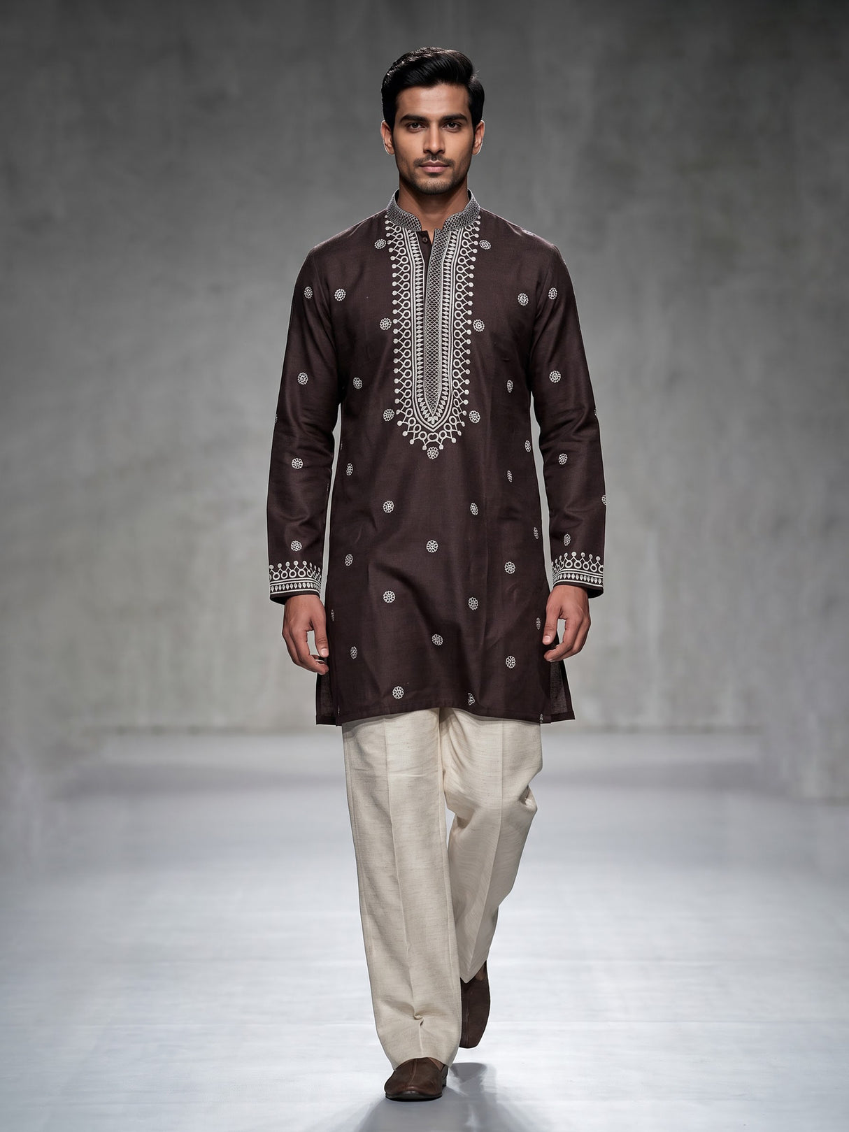 Dark charcoal brown cotton silk mens kurta suit with printed styling