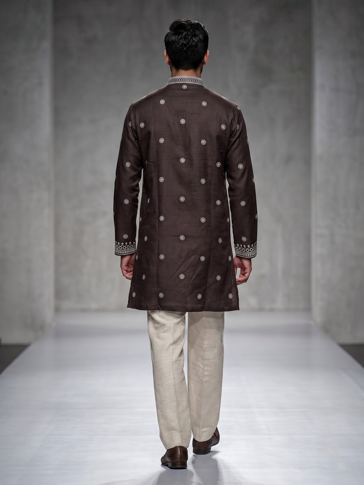 Dark charcoal brown cotton silk mens kurta suit with printed styling