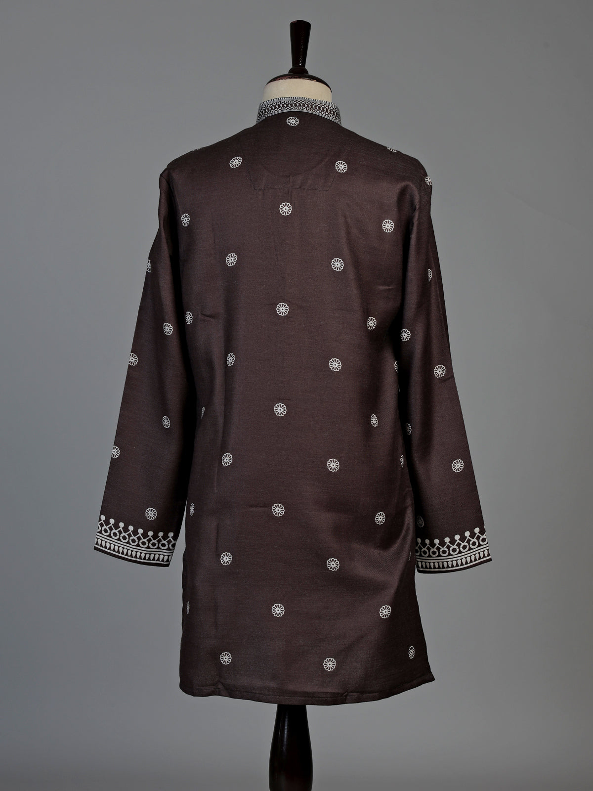 Dark charcoal brown cotton silk mens kurta suit with printed styling