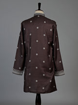 Dark charcoal brown cotton silk mens kurta suit with printed styling