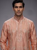 Peach raw silk mens kurta suit with intricate sequin and butti work