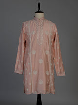 Peach raw silk mens kurta suit with intricate sequin and butti work