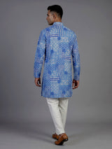 Blue silk mens kurta suit with printed dupatta and threadwork