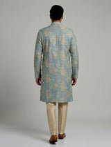 Blue beige silk mens kurta suit with printed sequined detailing