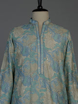 Blue beige silk mens kurta suit with printed sequined detailing