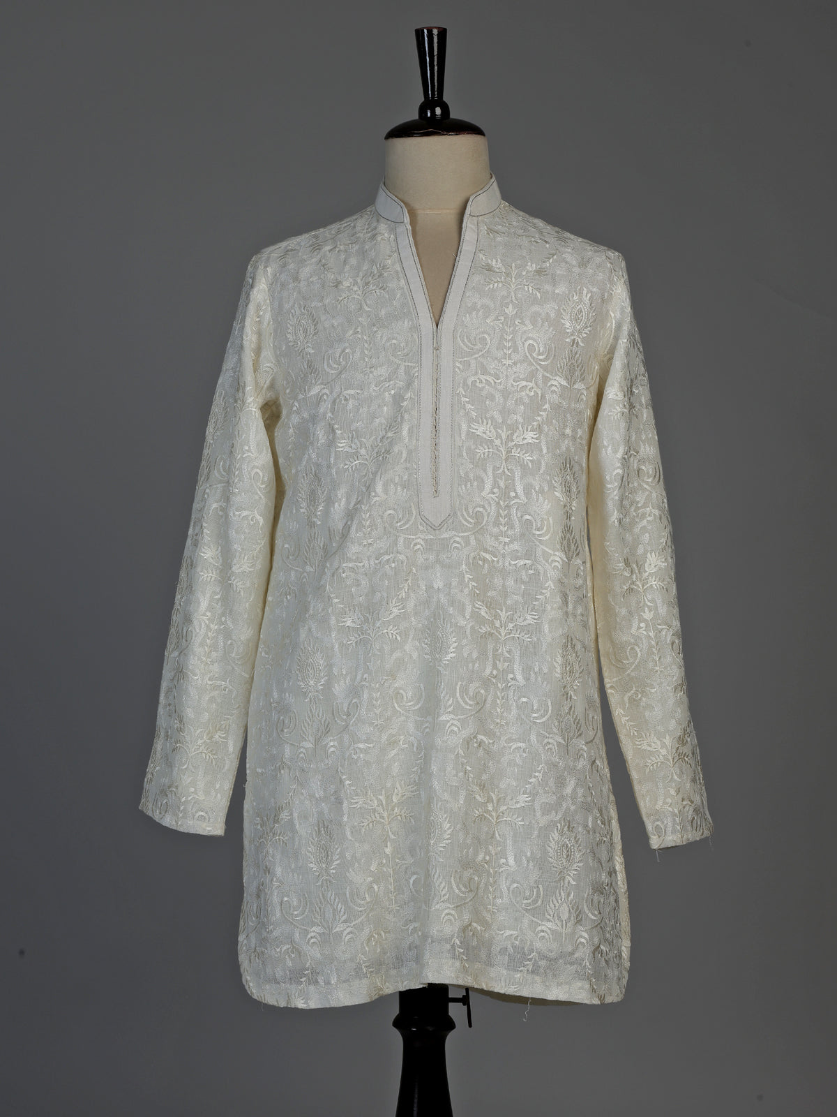 Cream linen silk mens kurta suit with refined embroidered detailing