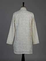 Cream linen silk mens kurta suit with refined embroidered detailing