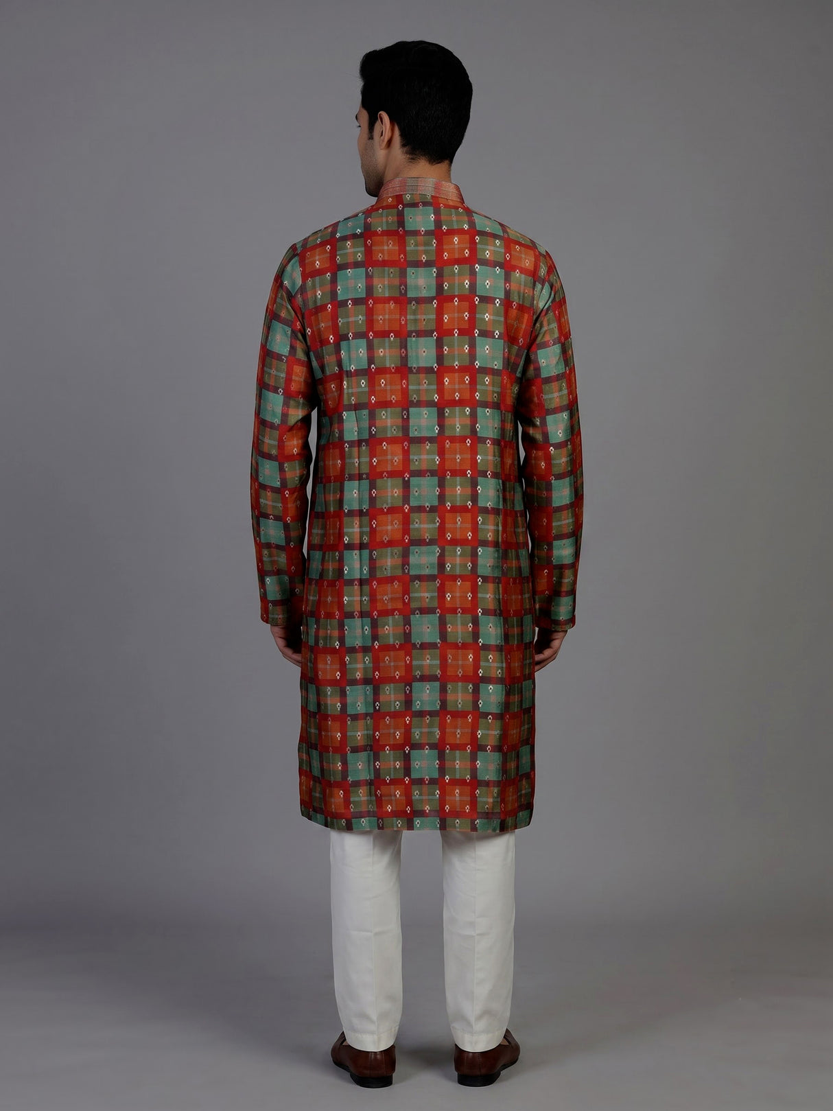 Multicolor gajji silk mens kurta suit with checks printed dupatta