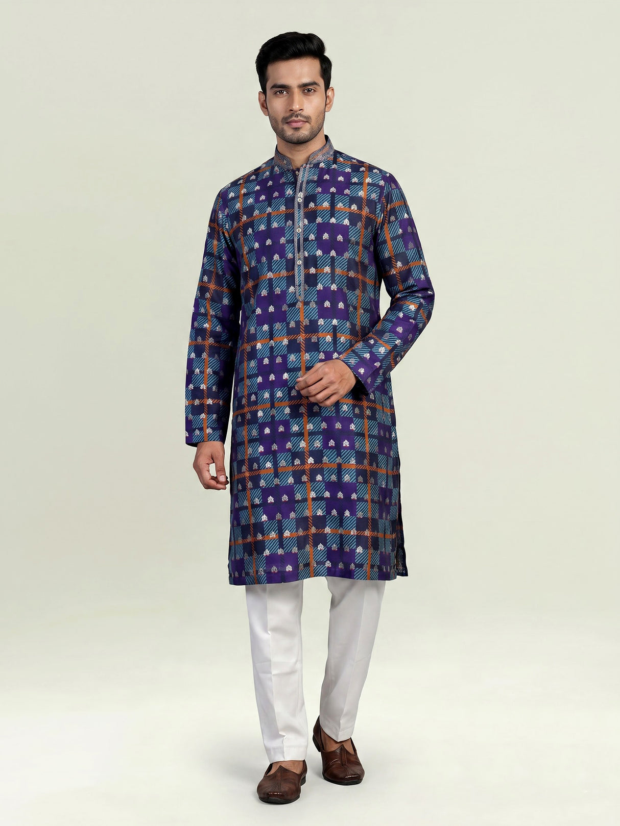 Blue gajji silk mens kurta suit with printed dupatta and zari butti