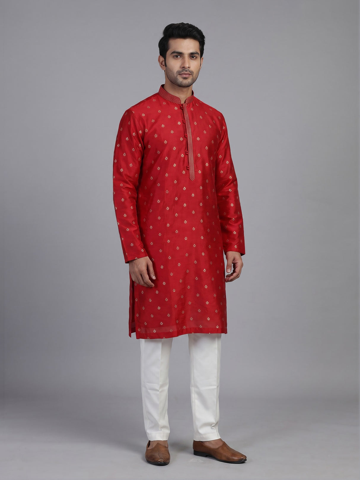 Red silk mens kurta suit with elegant zari butti craftsmanship