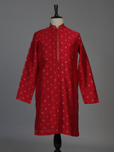 Red silk mens kurta suit with elegant zari butti craftsmanship