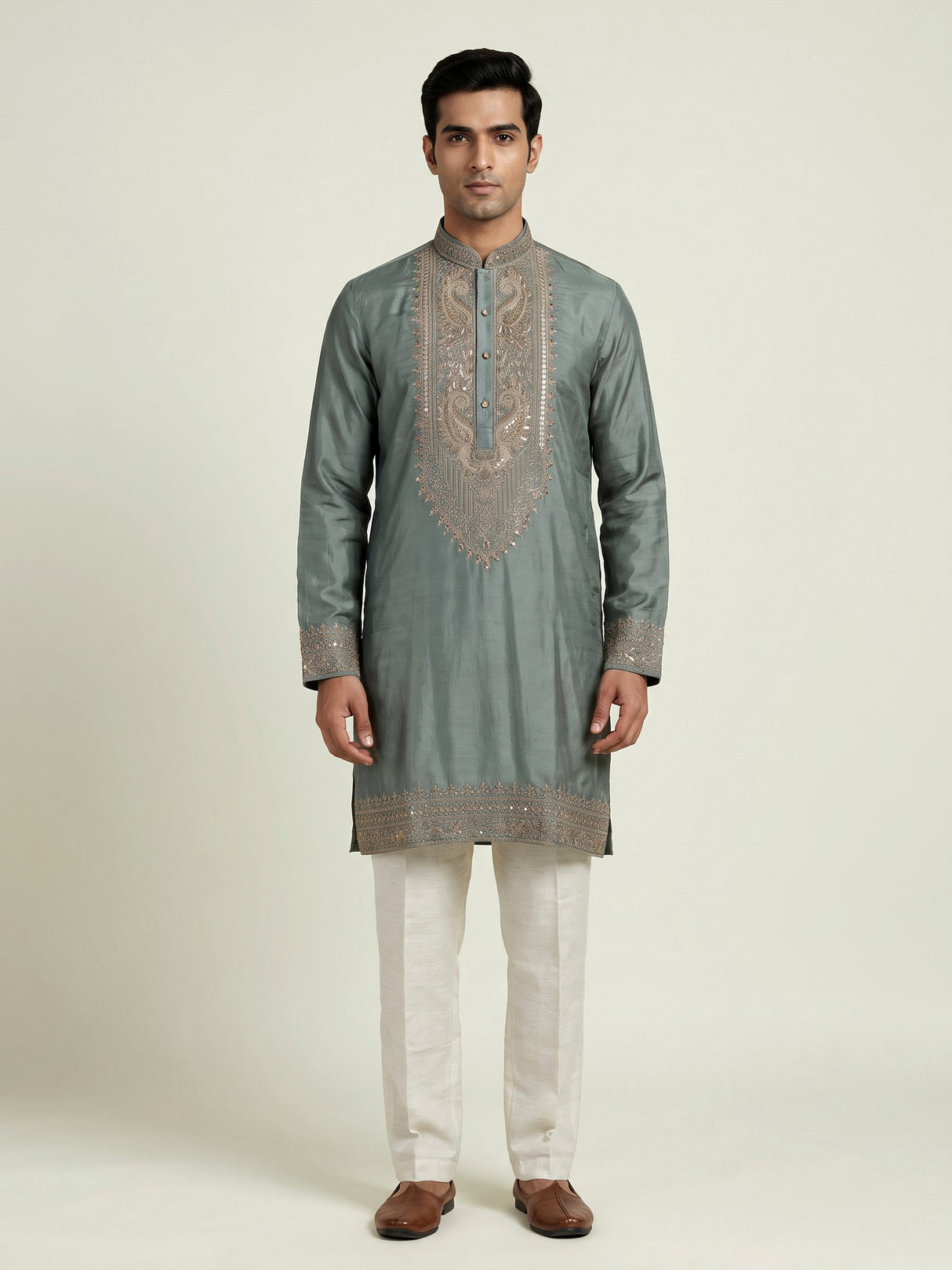 Stone grey silk mens kurta suit with elegant embroidery and sequins