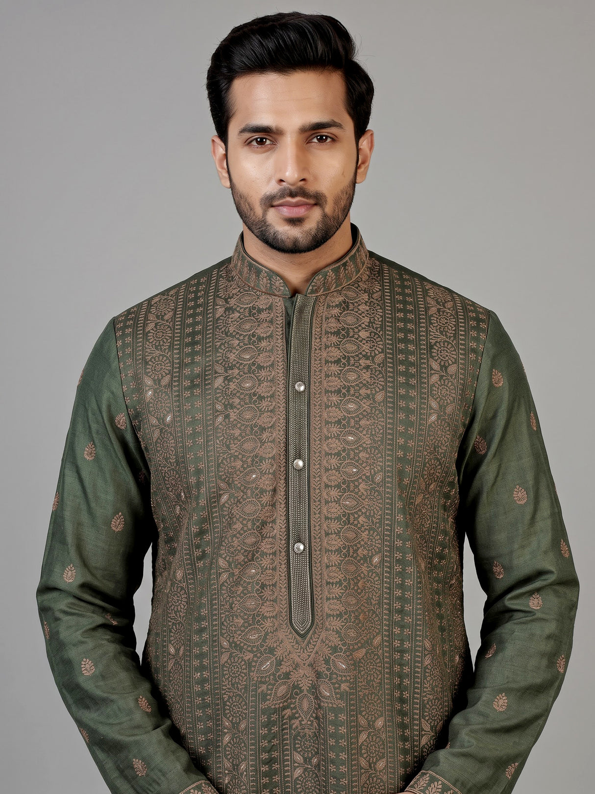 Green silk blend mens kurta suit with intricate butti detailing