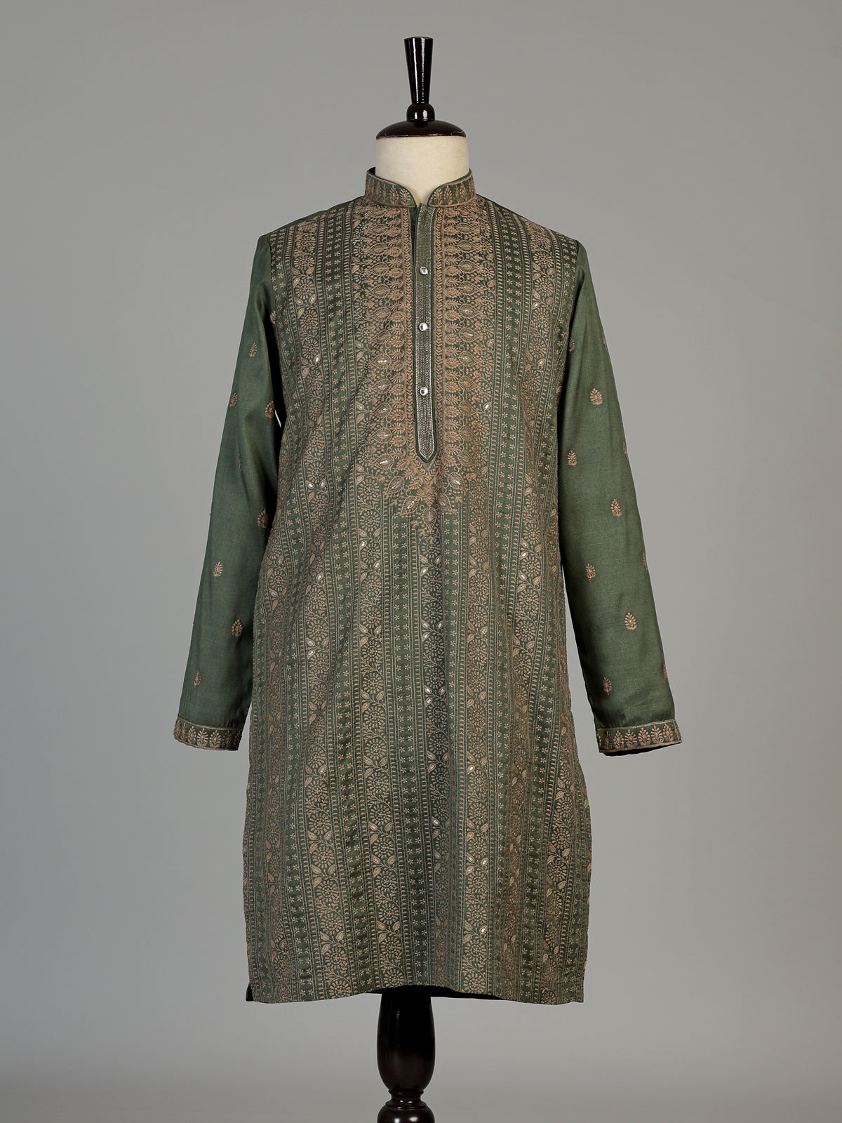Green silk blend mens kurta suit with intricate butti detailing
