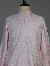 Light pink linen mens kurta suit with delicate sequin embroidery