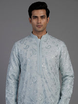 Mint blue linen mens kurta suit with elegant embroidery and sequins