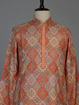 Dark peach pure silk mens kurta suit with stylish printed finish