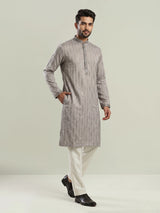 Light grey slub silk mens kurta suit with delicate sequin detailing