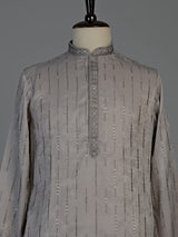Light grey slub silk mens kurta suit with delicate sequin detailing