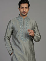 Grey silk blend mens kurta suit with subtle thread and sequin work