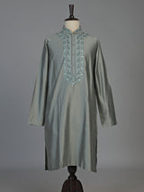 Grey silk blend mens kurta suit with subtle thread and sequin work